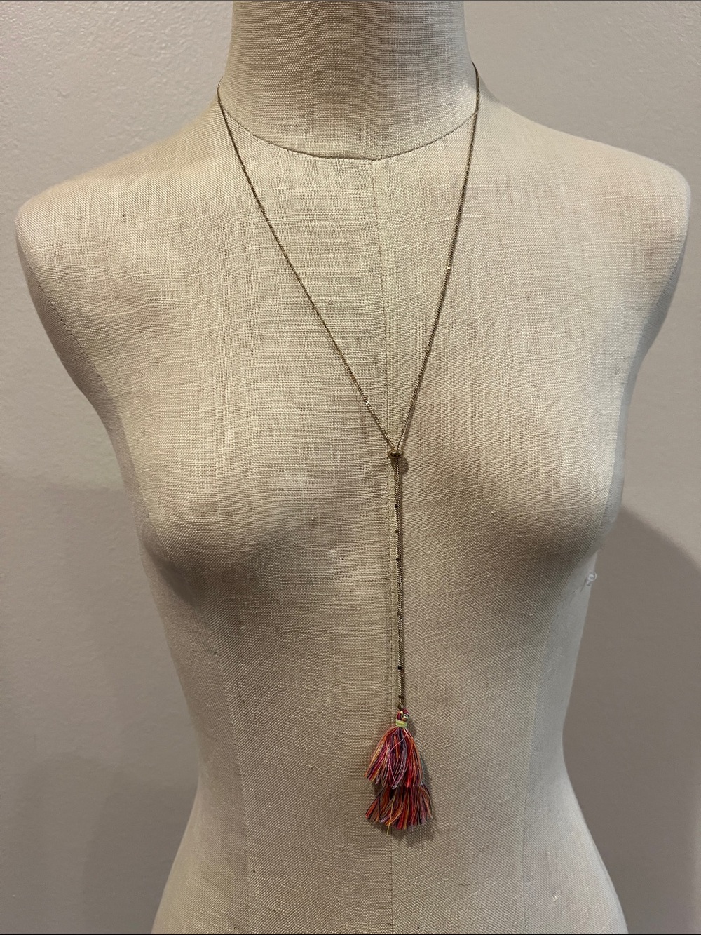 Delicate Gold Chain Necklace with Multicolor Tassel Pendant